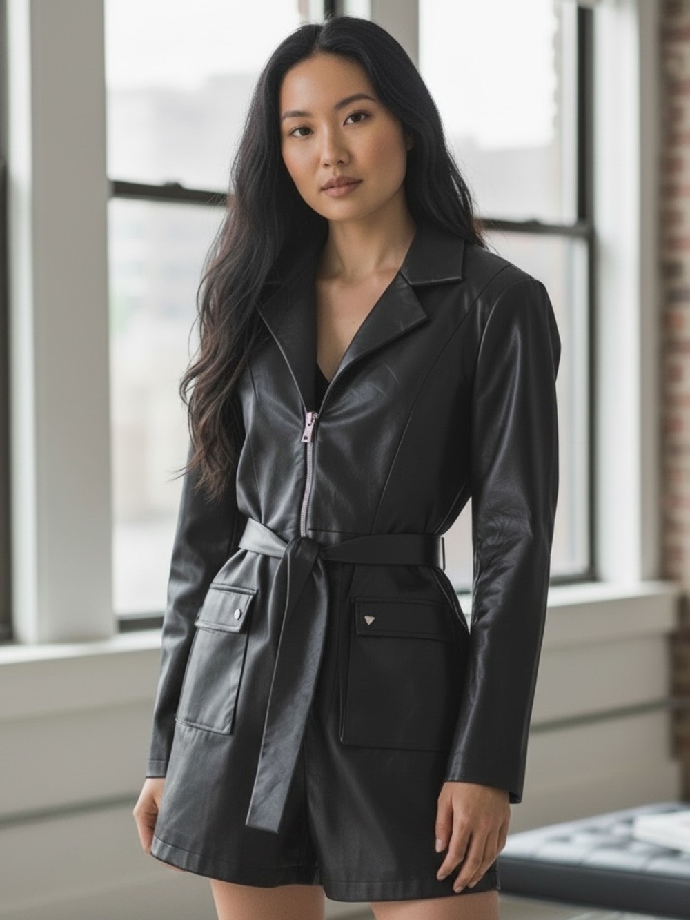 Manière De Voir Leather Black Belted Shorts Jumpsuit Romper Vegan Leather Sz 12